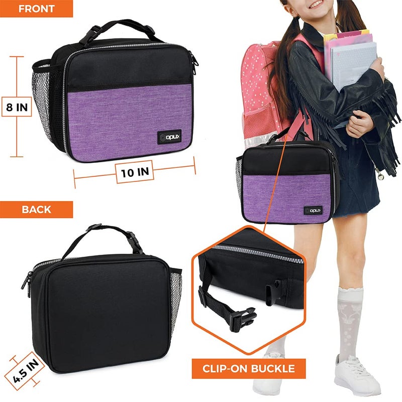 opux Insulated Lunch Bag Kids, Lunch Box for School Boy Girl, Leakproof Small Reusable Compact Soft Mini Cooler Bag, Toddler Small Lunch Boxes Kit Pail with Front Side Pockets (Purple) - Image 2